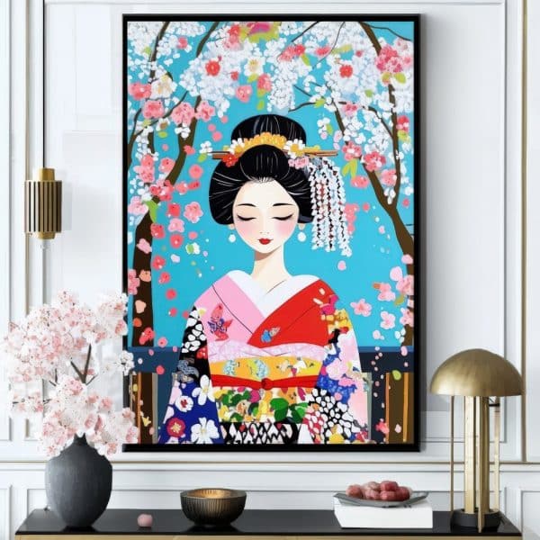 Painting Of A Geisha In A Colorful Kimono Under A Cherry Blossom Tree.