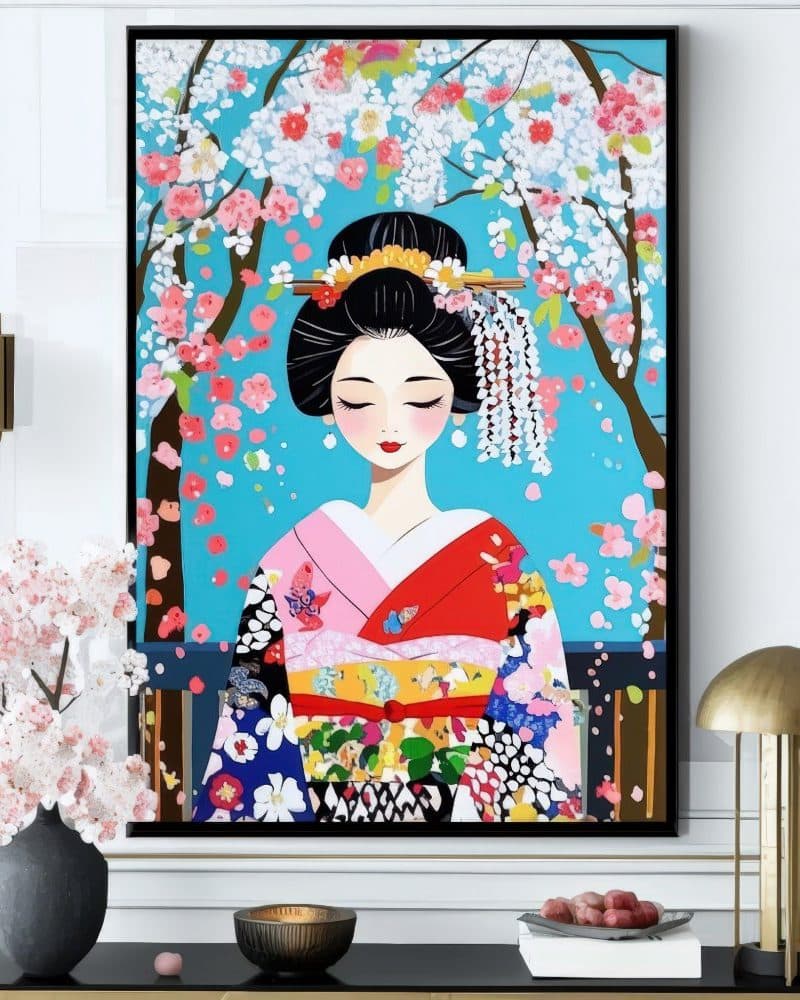 Painting of a geisha in a colorful kimono under a cherry blossom tree.