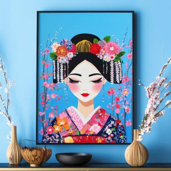 Framed Illustration Of A Woman In A Kimono Adorned With Flowers, Set Against A Light Blue Background.