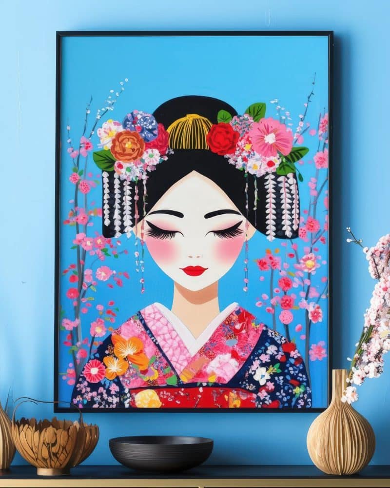 Framed illustration of a woman in a kimono adorned with flowers, set against a light blue background.
