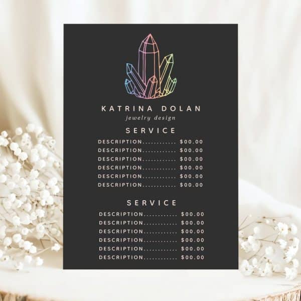 A Black Price List For Katrina Dolan Jewelry Design, Featuring A Logo Of Pastel-Colored Crystals.