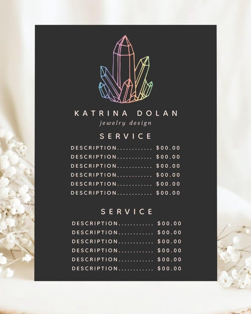 A black price list for Katrina Dolan jewelry design, featuring a logo of pastel-colored crystals.