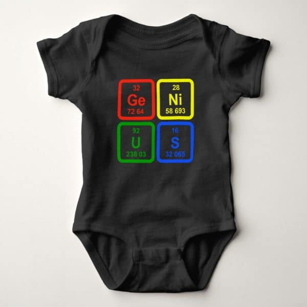 Black Baby Bodysuit With Colorful Periodic Table Elements Spelling Genius.