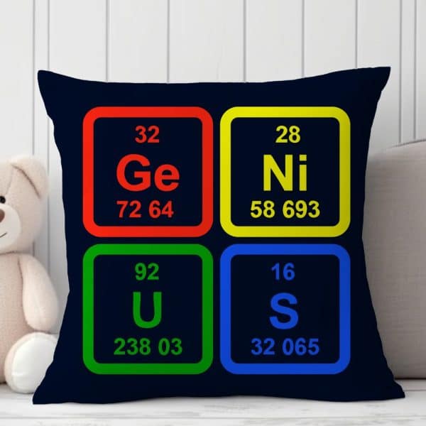 Dark Blue Square Pillow With Colorful Squares Displaying The Periodic Table Element Symbols For Genius.