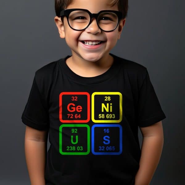 Smiling Boy Wearing A Black T-Shirt With Periodic Table Elements Spelling Out Genius.
