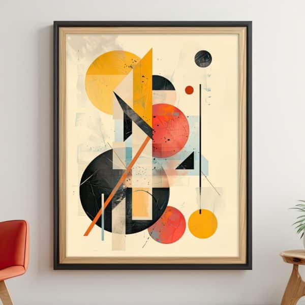 Abstract Geometric Artwork Featuring Overlapping Circles And Shapes In Red, Yellow, And Black Against A Beige Background.