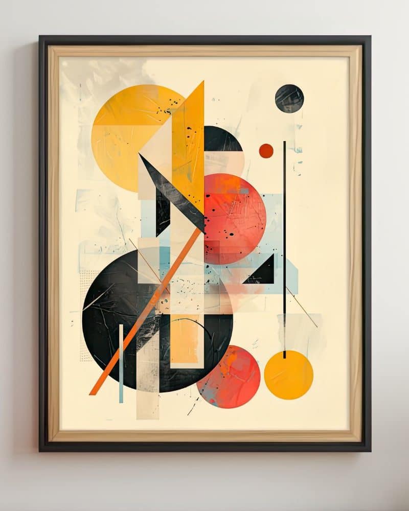 Abstract geometric artwork featuring overlapping circles and shapes in red, yellow, and black against a beige background.