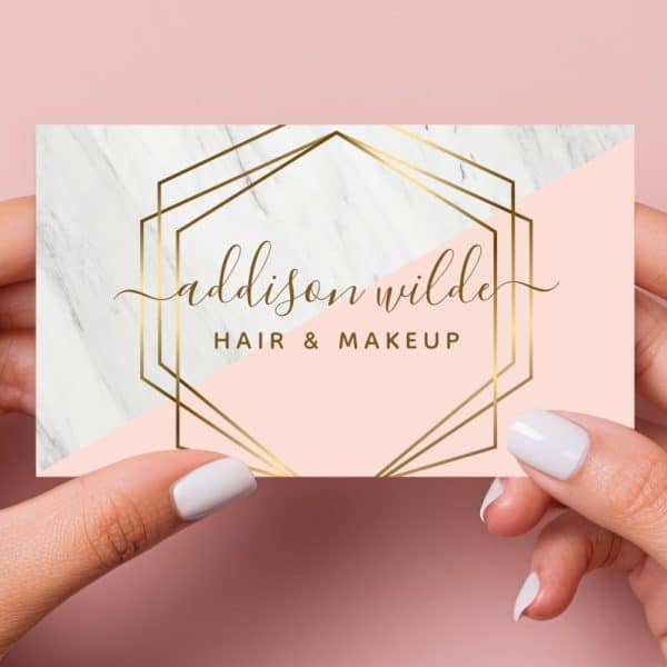 Pink And White Marble Business Card With Gold Geometric Frame, Showcasing Addison Wilde Hair &Amp; Makeup.