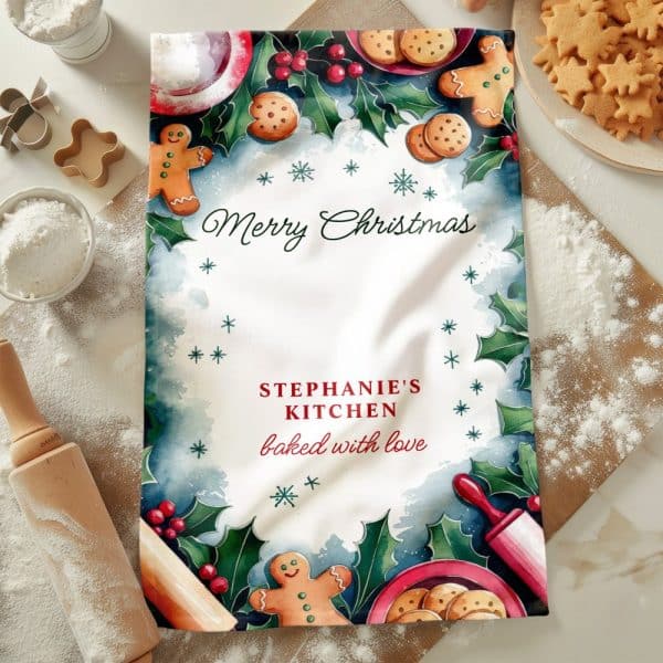 Christmas Kitchen Tea Towel With Gingerbread Men, Holly, And Cookies; Personalized With Merry Christmas, Stephanie'S Kitchen, Baked With Love.