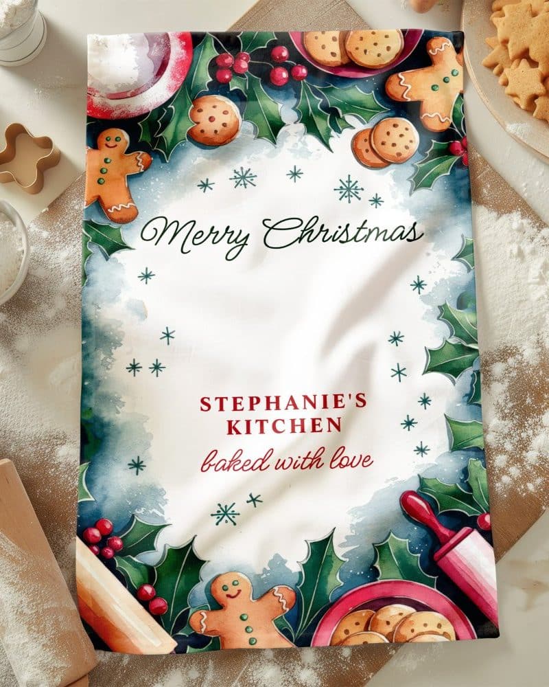 Christmas kitchen tea towel with gingerbread men, holly, and cookies; personalized with Merry Christmas, Stephanie's Kitchen, baked with love.