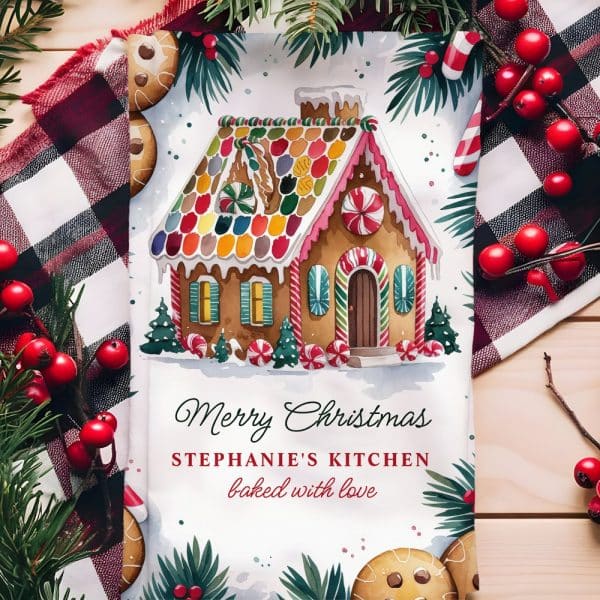 Watercolor Illustration Of A Gingerbread House Decorated With Candy, Surrounded By Greenery And Candy Canes. Text Reads Merry Christmas, Stephanie'S Kitchen, Baked With Love.