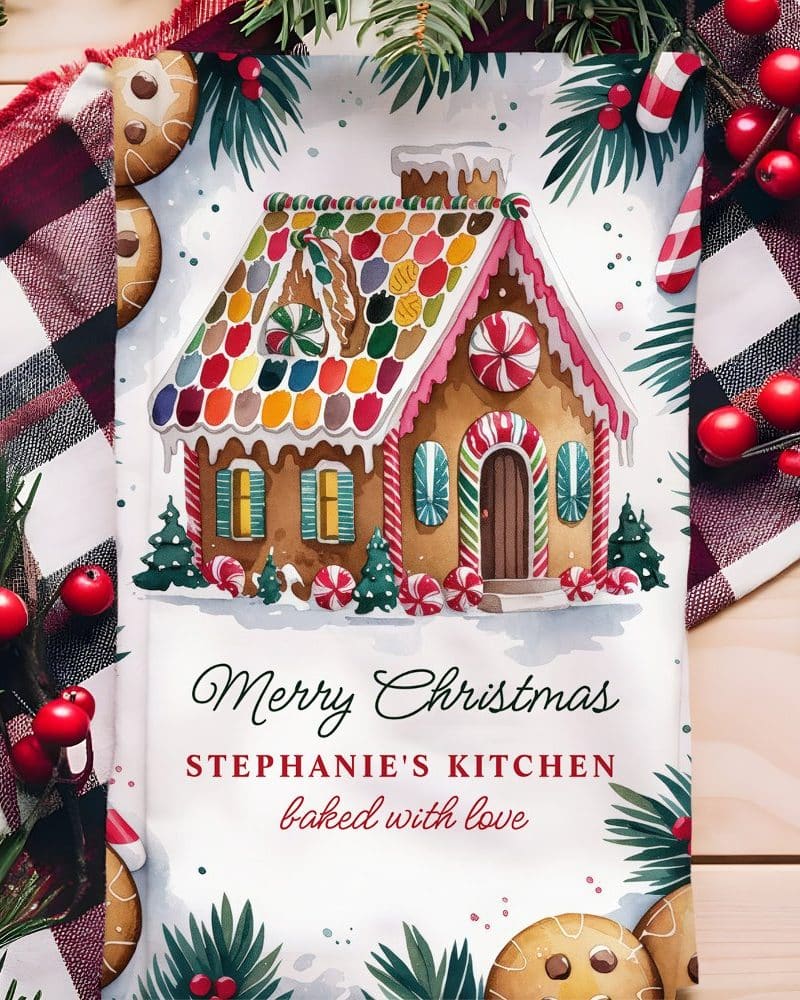 Watercolor illustration of a gingerbread house decorated with candy, surrounded by greenery and candy canes. Text reads Merry Christmas, Stephanie's Kitchen, baked with love.