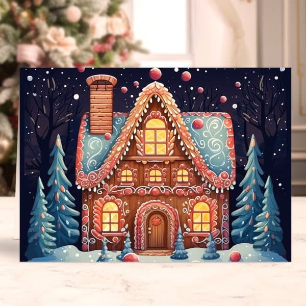Christmas Card Depicting An Ornate Gingerbread House At Night, Surrounded By Snow-Covered Evergreen Trees.