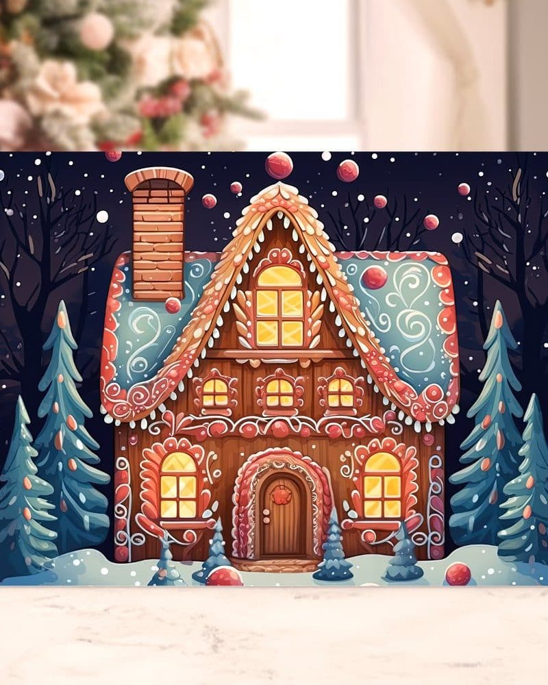 Christmas card depicting an ornate gingerbread house at night, surrounded by snow-covered evergreen trees.