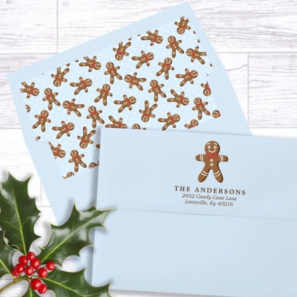 Light Blue Envelope With A Gingerbread Man Return Address Label And A Gingerbread Man Patterned Liner.