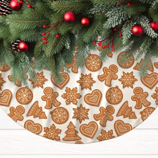 Cream-Colored Christmas Tree Skirt Decorated With Gingerbread Cookies.