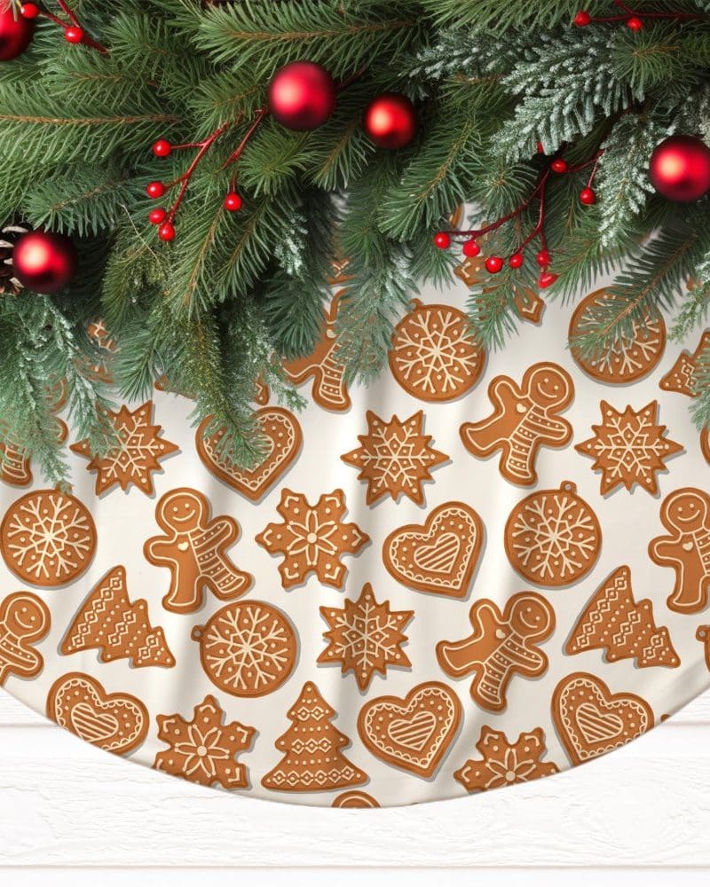 Cream-colored Christmas tree skirt decorated with gingerbread cookies.