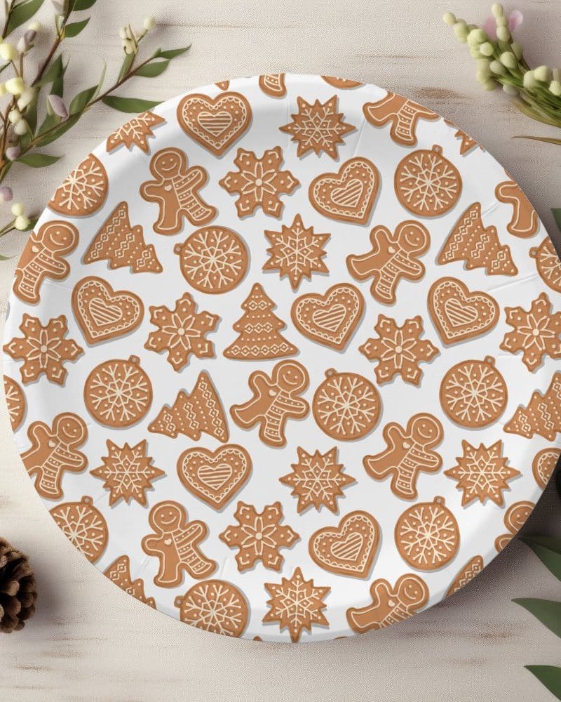 Round paper plate with a repeating pattern of gingerbread cookies in various shapes.