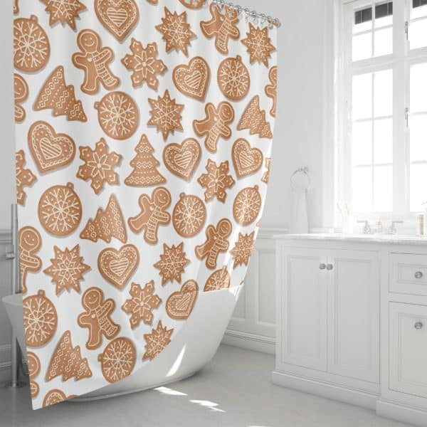 Shower Curtain With A Pattern Of Gingerbread Cookies In Various Shapes Including Men, Stars, Hearts, And Trees.