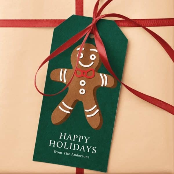 Green Gift Tag With A Gingerbread Man And Happy Holidays Message From The Andersons.