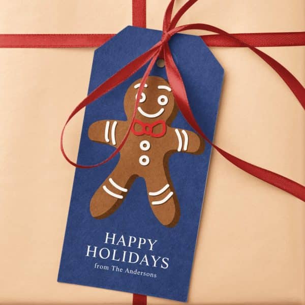Blue Gift Tag With A Gingerbread Man And Happy Holidays Message From The Andersons.