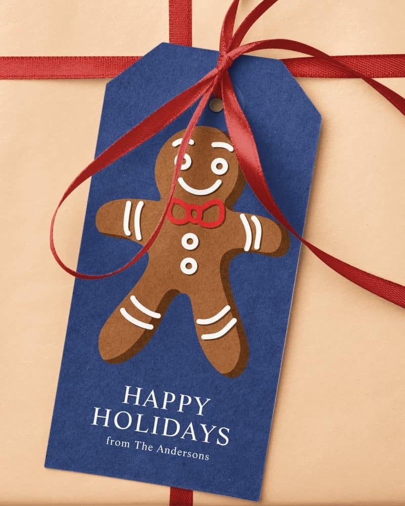 Blue gift tag with a gingerbread man and Happy Holidays message from the Andersons.