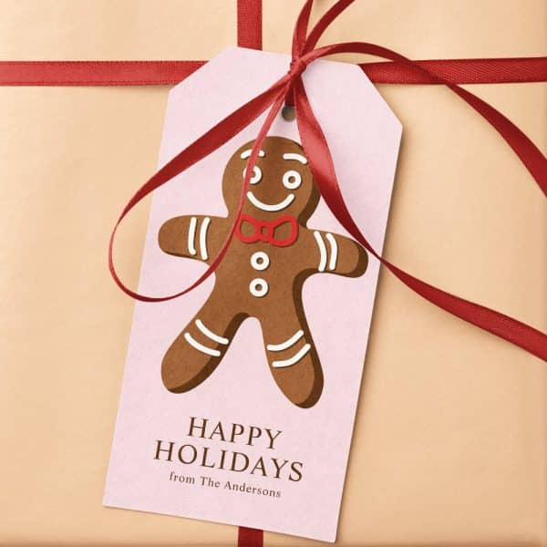 Gift Tag With A Gingerbread Man Illustration, Happy Holidays Message, And The Andersons' Name.