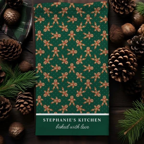 Green Tea Towel With A Repeating Pattern Of Gingerbread Men, Personalized With Stephanie'S Kitchen Baked With Love.