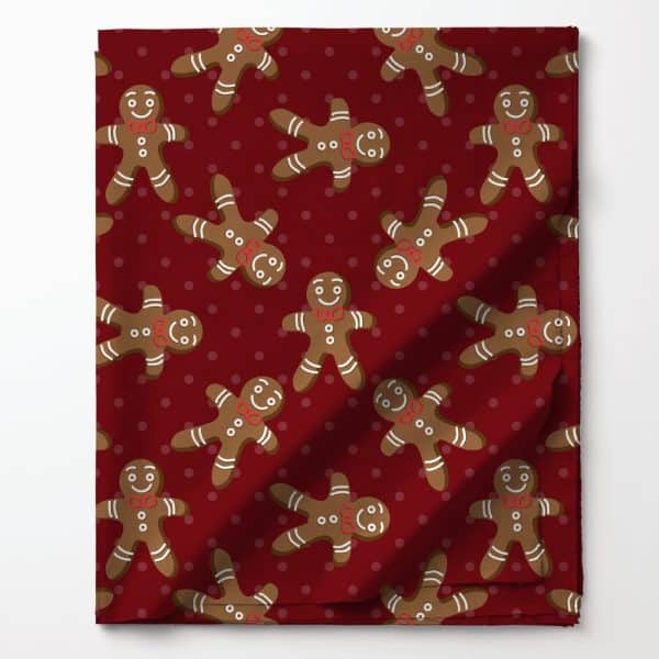 Red Fabric With A Repeating Pattern Of Gingerbread Men.