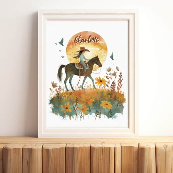 Girl In A Cowboy Hat Horseback Riding At Sunset In A Field Of Flowers.