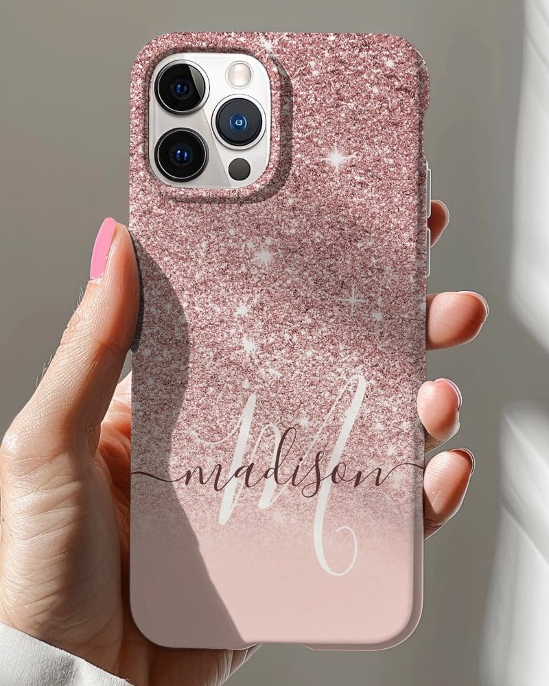 A hand holds a rose gold glitter iPhone case with the name Madison written in elegant script.