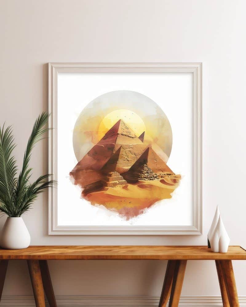 Watercolor painting of the Giza pyramids in Egypt.
