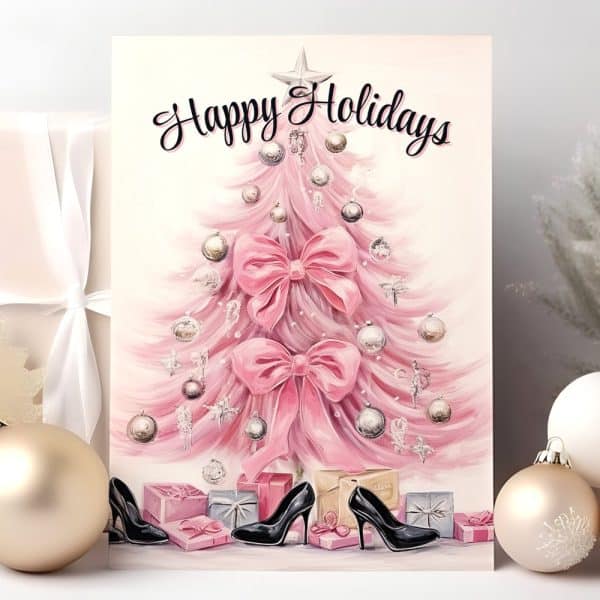 Pink Christmas Tree With Large Pink Bows And High Heels At The Base. Happy Holidays Text At The Top.