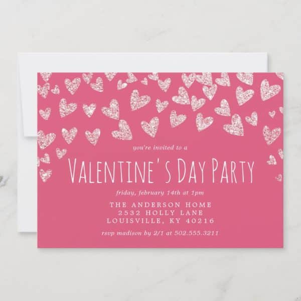 Pink Valentine'S Day Party Invitation With Silver Glitter Hearts.
