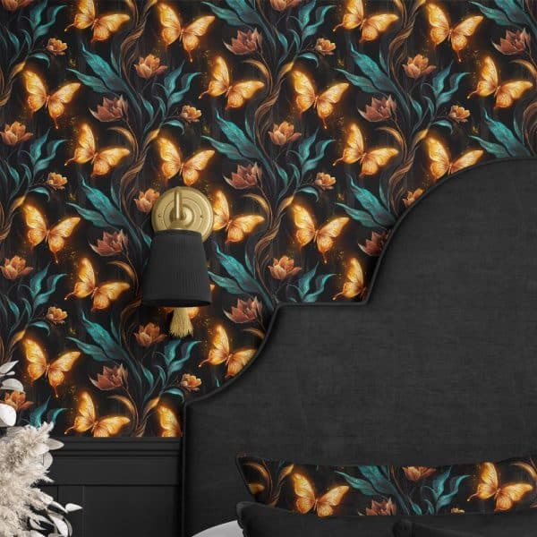 Glowing Gold Butterflies On Dark Teal Floral Wallpaper.