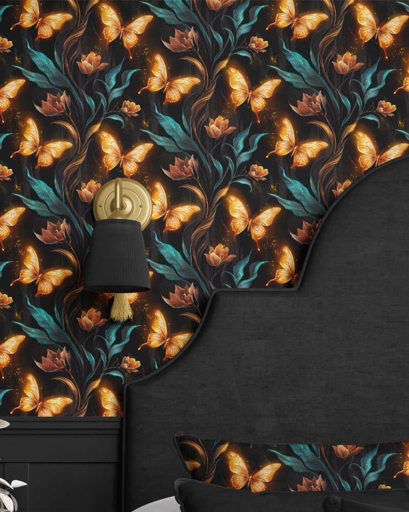 Glowing gold butterflies on dark teal floral wallpaper.