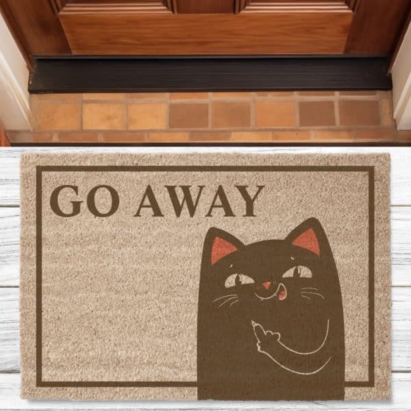 A Tan Doormat With The Words Go Away And A Cartoon Cat Giving A Dismissive Gesture.