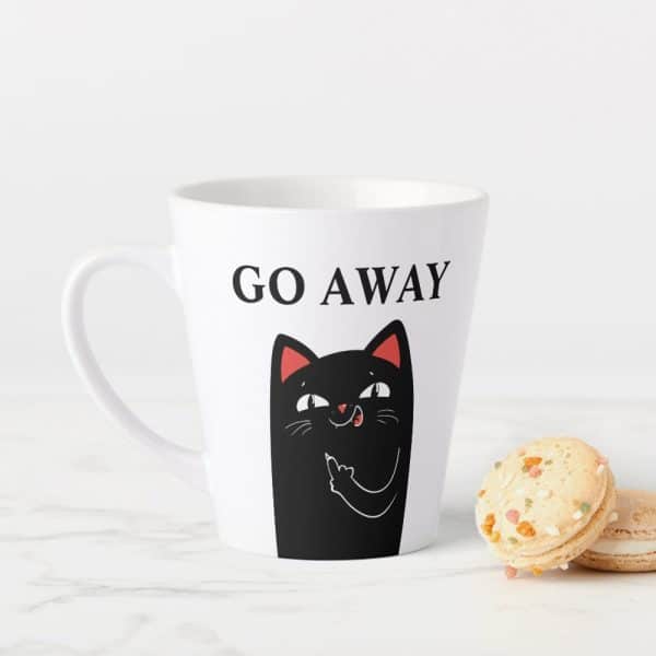 White Coffee Mug With A Black Cat Giving The Middle Finger And The Words Go Away.