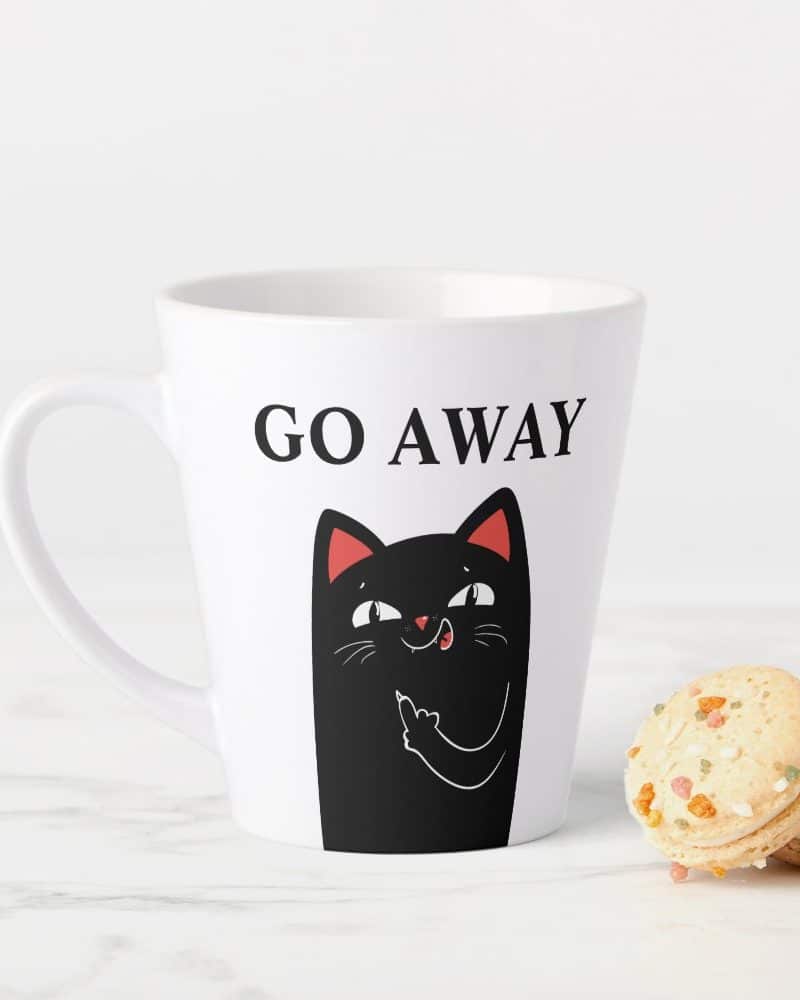 White coffee mug with a black cat giving the middle finger and the words Go Away.