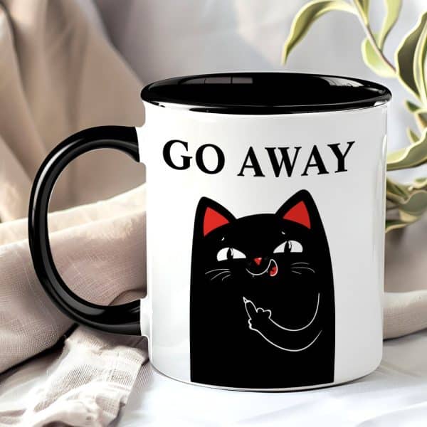 A White Mug With A Black Handle And Rim Features A Black Cat Giving The Middle Finger And The Words Go Away.