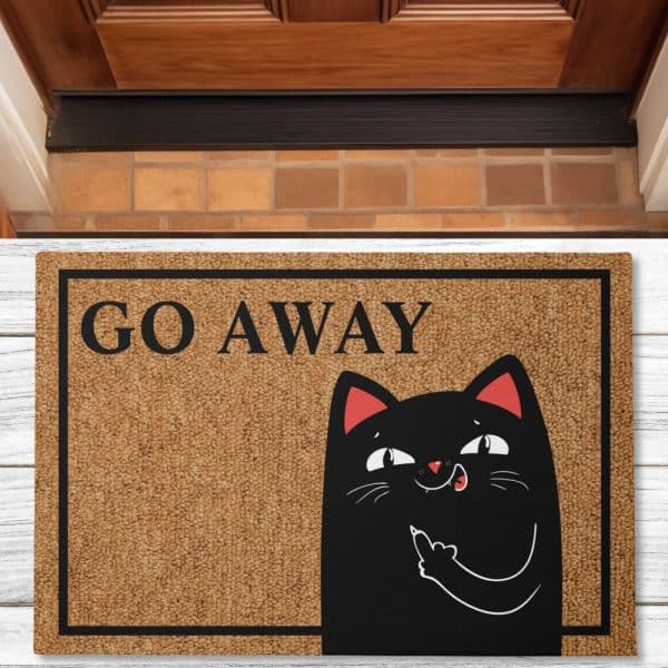 Brown Doormat With Black Border Featuring A Black Cat Giving The Middle Finger And The Words Go Away.