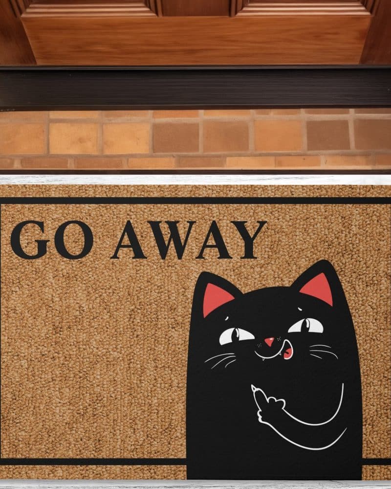 Brown doormat with black border featuring a black cat giving the middle finger and the words Go Away.