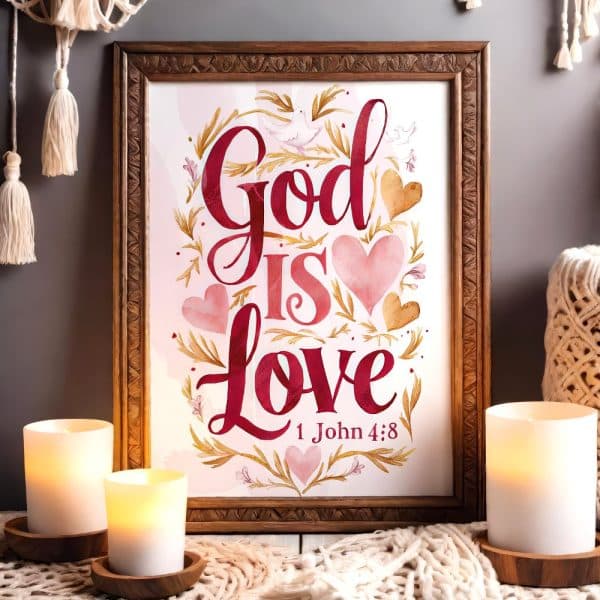 Framed Print With The Text God Is Love And 1 John 4:8. The Words Are In Stylized Red Lettering Surrounded By Watercolor Hearts And Floral Elements.