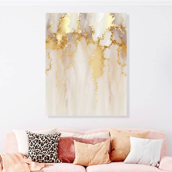 Abstract Painting Of Gold And Beige Flowing Patterns.