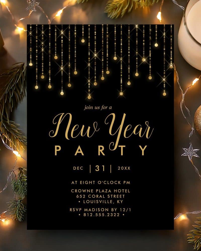 Black and gold New Year's Eve party invitation with glittering lights.