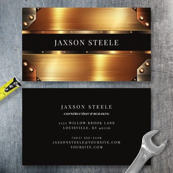 Jaxson Steele Construction And Building Business Card With A Brushed Gold And Black Design.