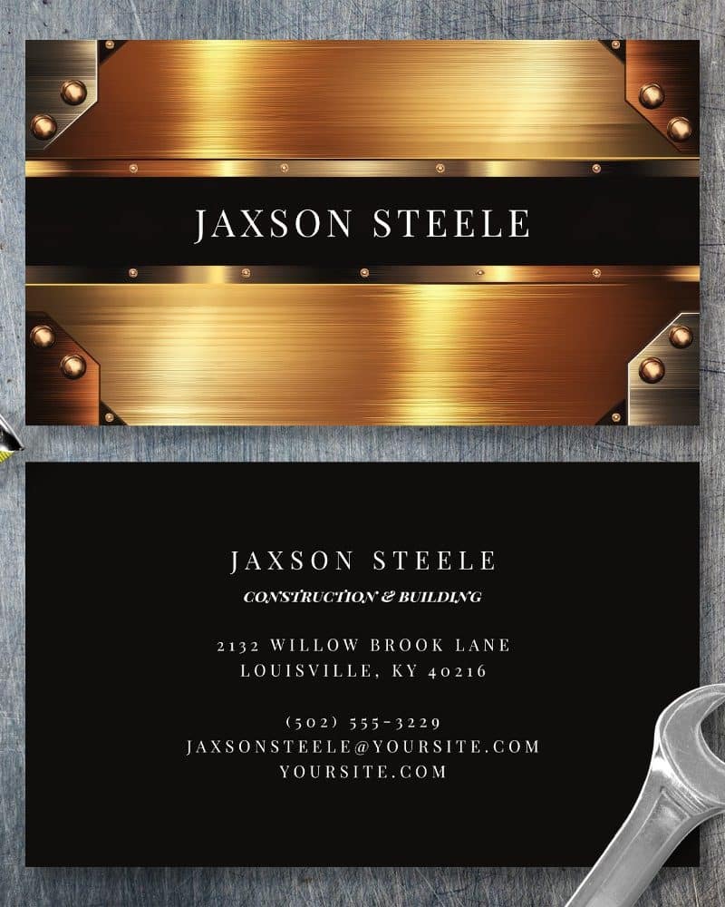 Jaxson Steele construction and building business card with a brushed gold and black design.