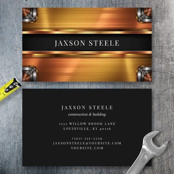 Jaxson Steele Construction And Building Business Card With Metallic Gold And Black Design.