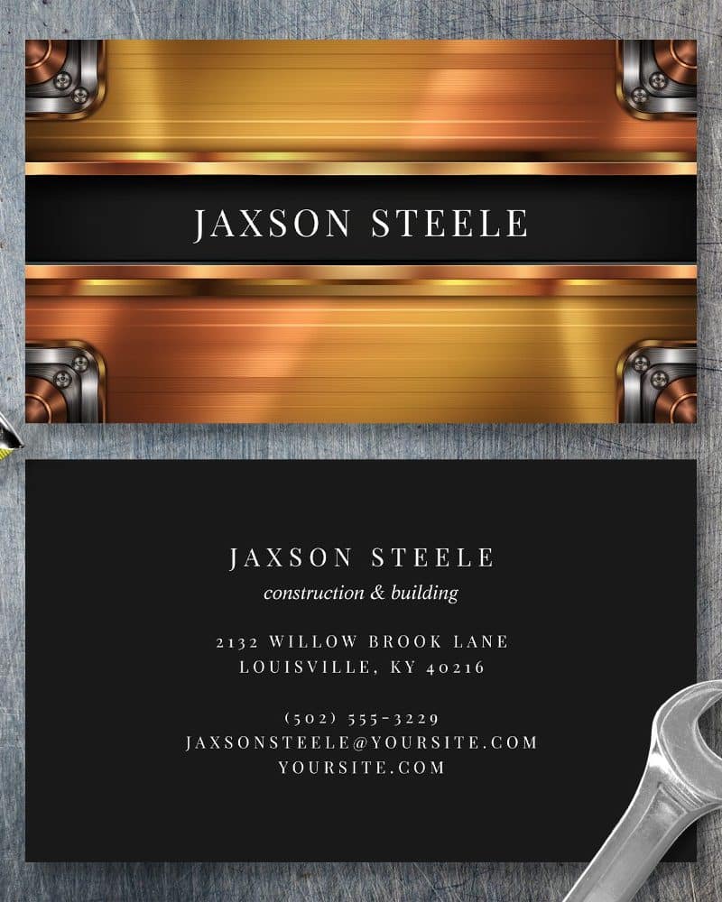 Jaxson Steele construction and building business card with metallic gold and black design.