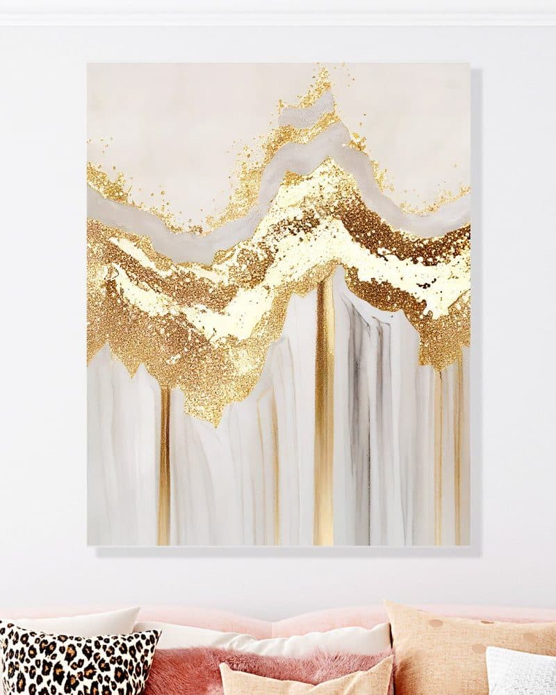 Abstract painting of gold glitter and white marble.
